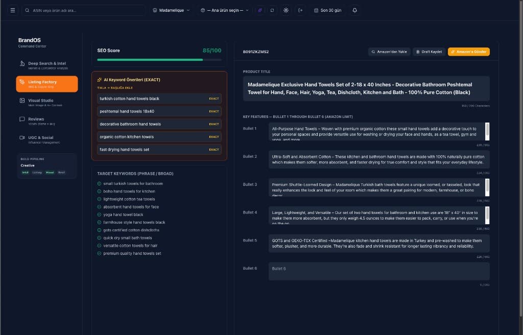 Listing Factory with SEO score and bullet point editor
